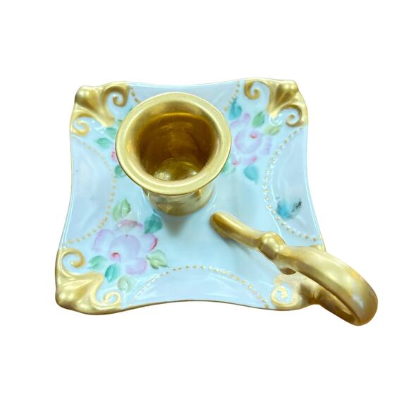 Hand painted porcelain candle holder finger lamp taper candlestick pink gold 60s - Picture 3 of 7